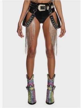 Rhinestone fringe dropped black and silver Womens belt